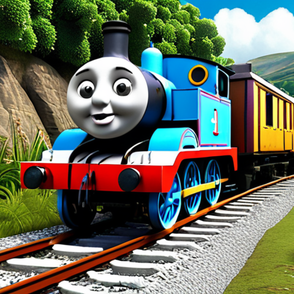 **

A vibrant, updated visual style of Thomas the Tank Engine on the Island of Sodor. Focus on the gleaming textures, dynamic lighting, and colorful landscapes. The train should be expressive and engaging. While the setting is beautiful, ensure there is still a slight flatness or shallowness to the background to mirror the reviewer's comments.

**
