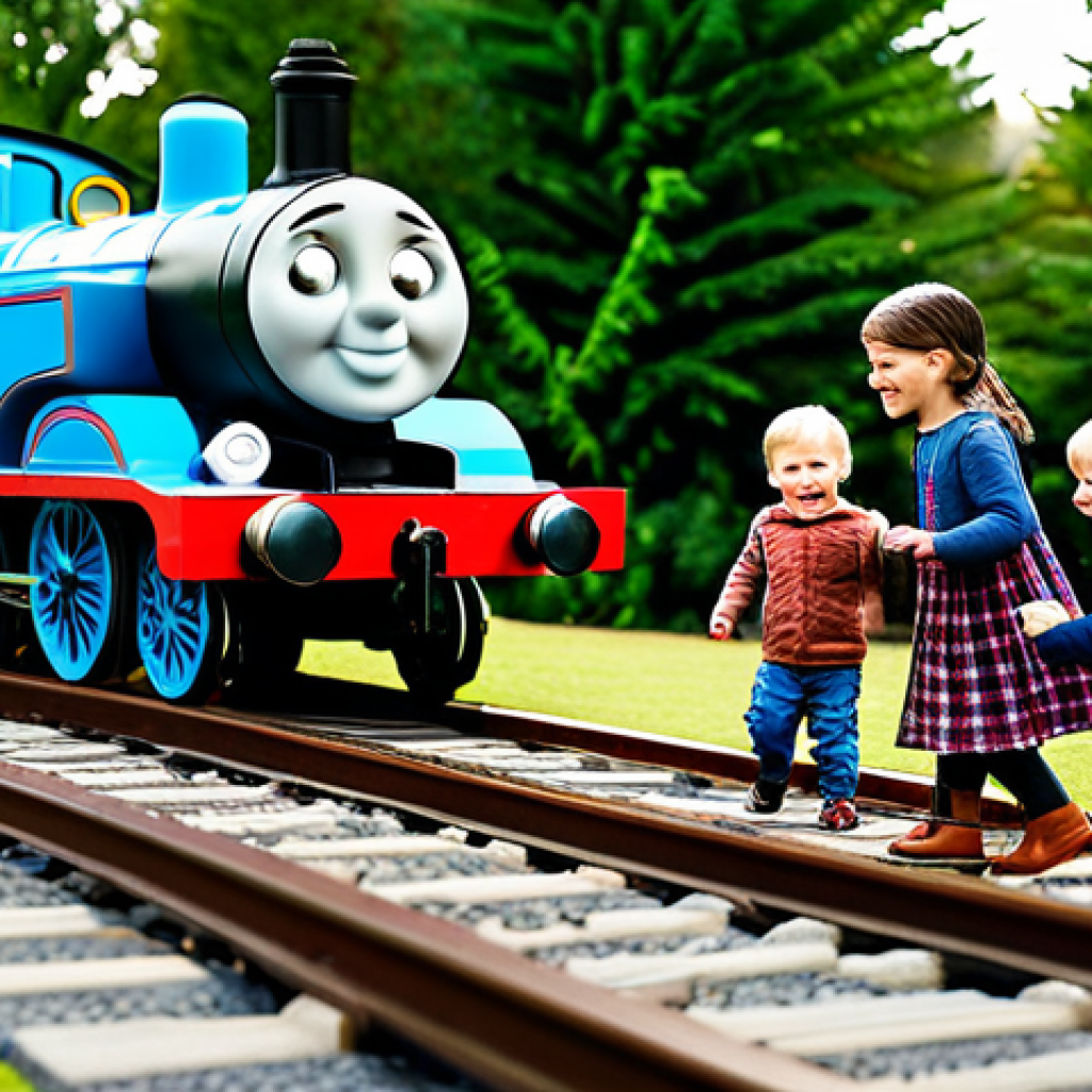 A diverse group of happy children and adults, fully clothed in modest, casual attire, exploring an immersive "Thomas & Friends" pop-up store. The vibrant scene features a meticulously recreated Knapford Station, miniature Sodor landscapes with winding train tracks, and large, lifelike reproductions of Thomas and his friends. Soft, warm lighting illuminates the joyful atmosphere, capturing the magic and nostalgia of the beloved train universe. The subjects display perfect anatomy, correct proportions, and natural poses with well-formed hands. Professional photography, high quality, safe for work, appropriate content, family-friendly.
