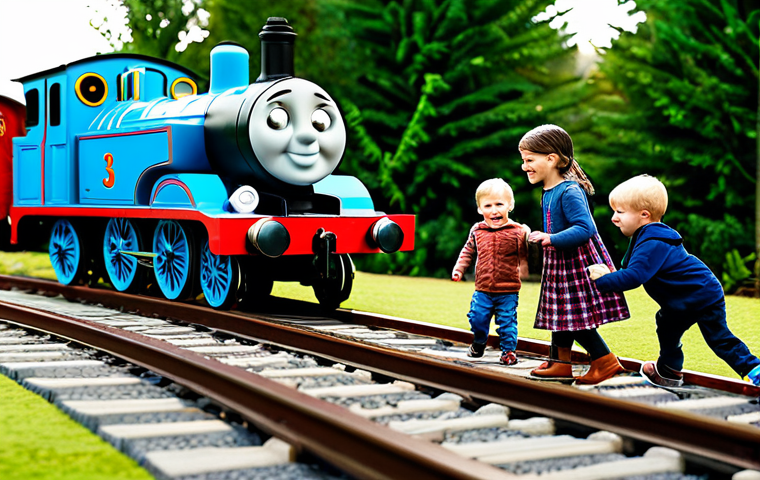 A diverse group of happy children and adults, fully clothed in modest, casual attire, exploring an immersive "Thomas & Friends" pop-up store. The vibrant scene features a meticulously recreated Knapford Station, miniature Sodor landscapes with winding train tracks, and large, lifelike reproductions of Thomas and his friends. Soft, warm lighting illuminates the joyful atmosphere, capturing the magic and nostalgia of the beloved train universe. The subjects display perfect anatomy, correct proportions, and natural poses with well-formed hands. Professional photography, high quality, safe for work, appropriate content, family-friendly.