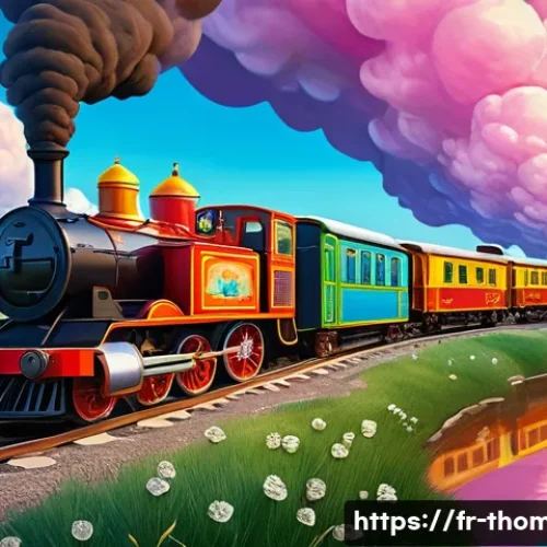 기관차 캐릭터를 주제로 한 동화책 - **"The Whimsical Dream Express"**: A vibrant, anthropomorphic steam locomotive with a gentle, inquis...