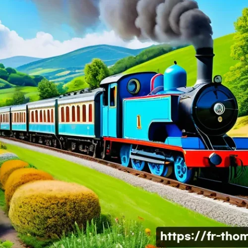 토마스와 친구들 유래 - A vibrant and colorful scene of a friendly, anthropomorphic steam locomotive resembling Thomas, pain...