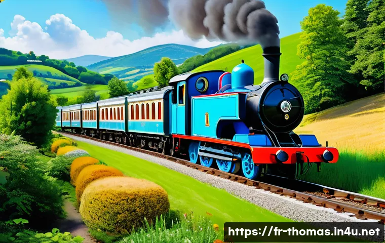 토마스와 친구들 유래 - A vibrant and colorful scene of a friendly, anthropomorphic steam locomotive resembling Thomas, pain...