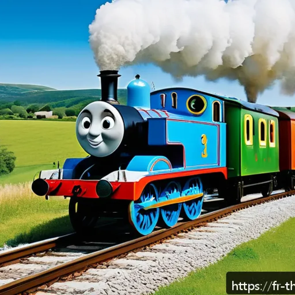 토마스와 친구들 에피소드 목록 - A vibrant scene on the Island of Sodor featuring Thomas the blue locomotive and his friends Percy, J...