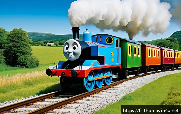 토마스와 친구들 에피소드 목록 - A vibrant scene on the Island of Sodor featuring Thomas the blue locomotive and his friends Percy, J...