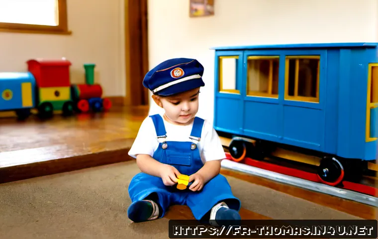 토마스와 친구들 역할놀이 아이템 - Photorealistic French family playroom, a cheerful preschool child wearing a small railway conductor ...