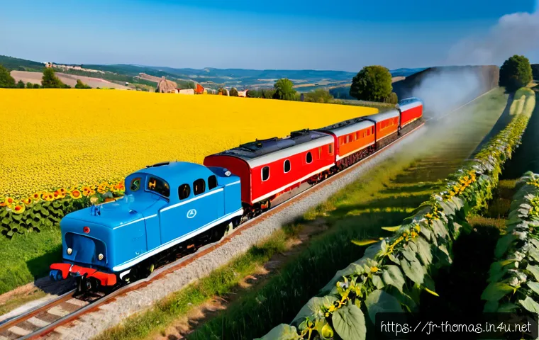 토마스와 친구들 교훈이 담긴 이야기 - Photorealistic friendly blue steam locomotive helping a smaller red locomotive pull a long freight t...