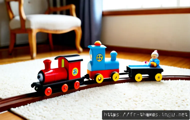 Home 17 토마스와 친구들 인형 선택 가이드 - Photorealistic toy selection scene in a bright French family living room, three colorful wooden rail...