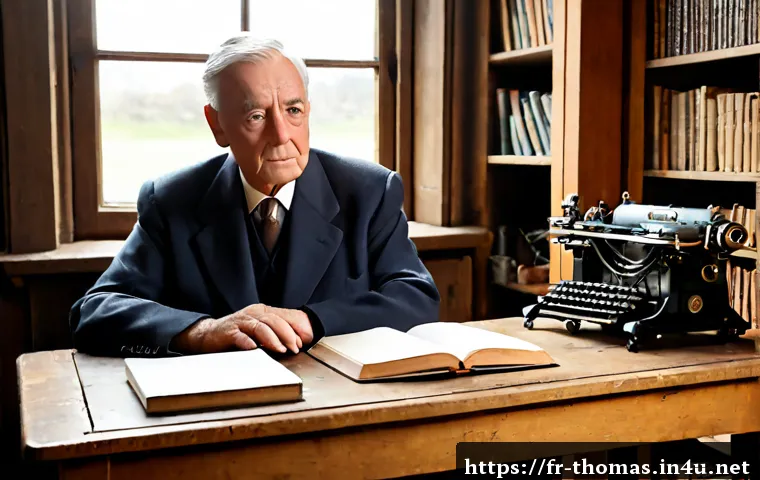 토마스와 친구들 작가 소개 - Photorealistic editorial portrait of an elderly British railway-story author in a modest 1940s study...